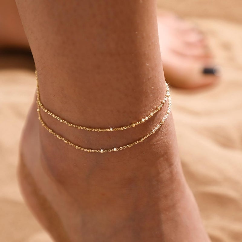 MIDEEO Gold/Silver Ankle Bracelets for Women,14K Gold Anklets for Women Waterproof Cuban Link Heart Beads Herringbone Rhinestone Anklets Set Layered Anklet Bracelets for Women Gold Jewelry Gift - Image 4